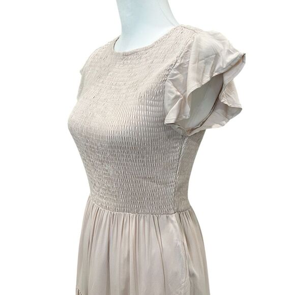 Apricot Cottagecore Smocked Tiered Midi Dress Short Sleeve Peachy Tan Medium NWT - Picture 6 of 16